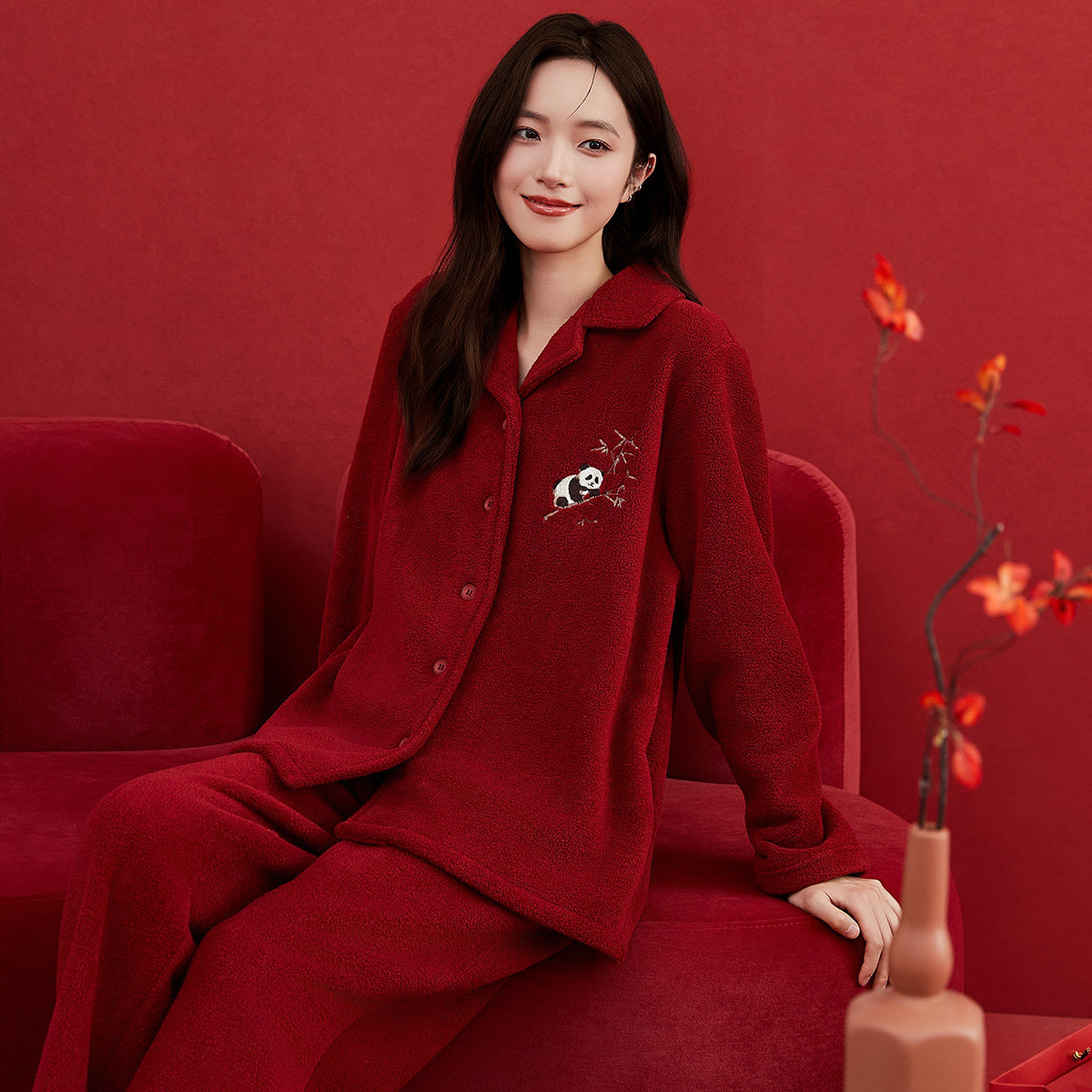顶瓜瓜秋冬女士睡衣套装中国红熊猫刺绣杨梅绒可外穿家居服本命年