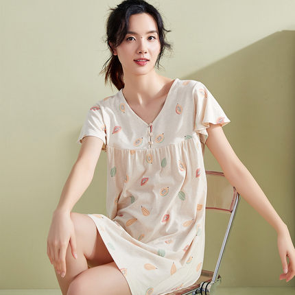 顶呱呱100%棉睡裙女纯棉夏季彩棉家居裙子睡衣印花圆领全棉透气