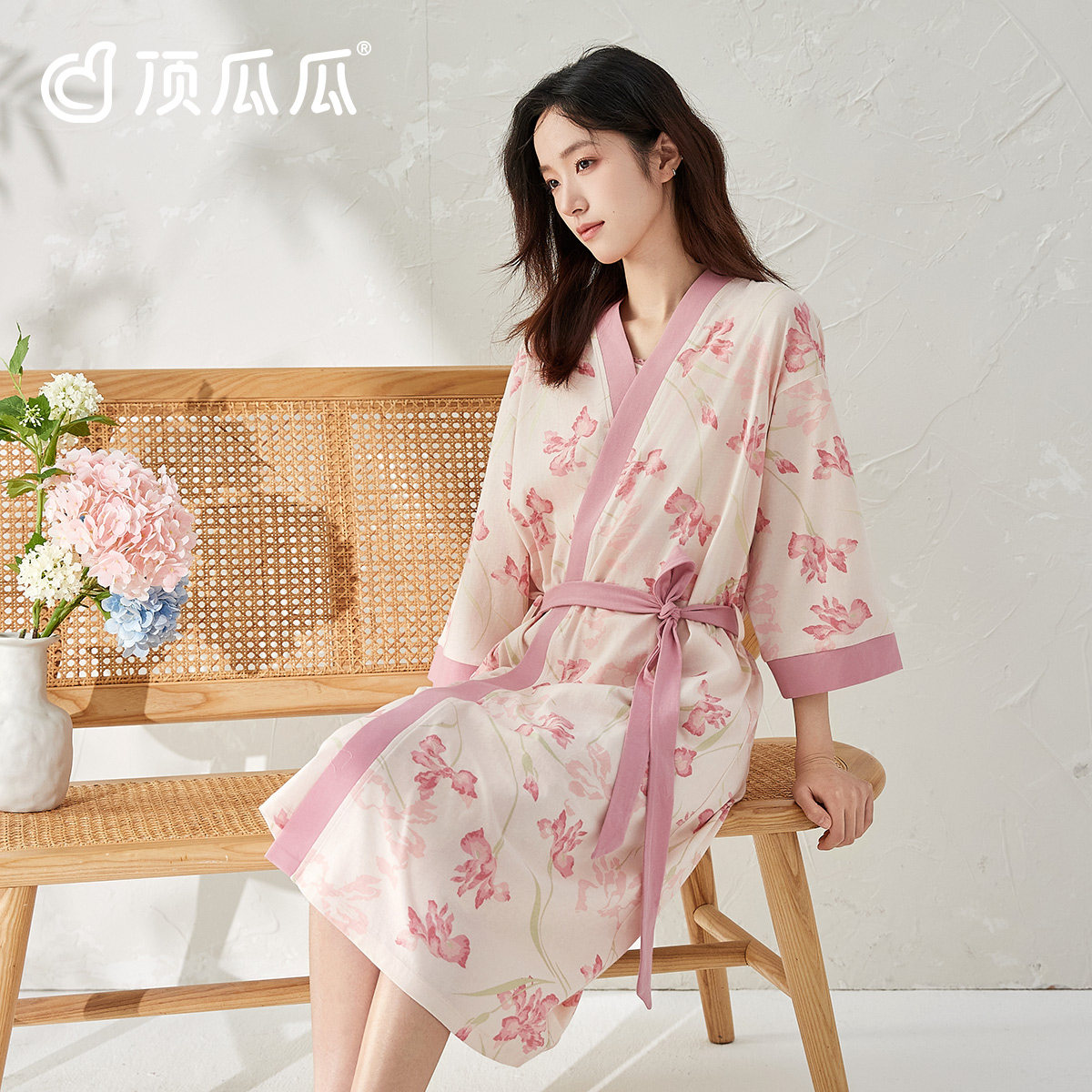 顶瓜瓜夏季新品睡衣开襟V领纯棉女长袖吊带睡裙浴袍两件套家居服