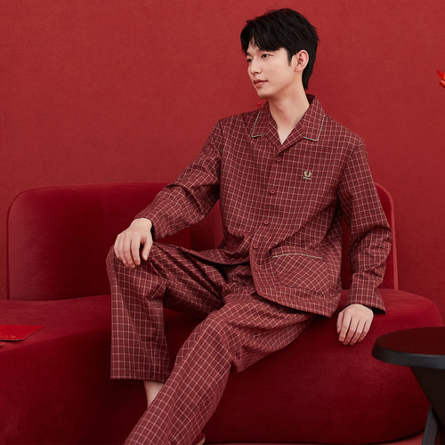 顶瓜瓜男士秋冬纯棉红色睡衣梭织磨毛中厚情侣本命年可外穿家居服