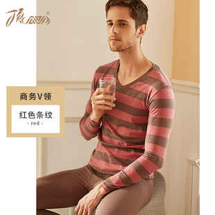 顶呱呱秋衣秋裤套装男士纯棉V领保暖内衣薄款青年条纹棉毛衫秋冬