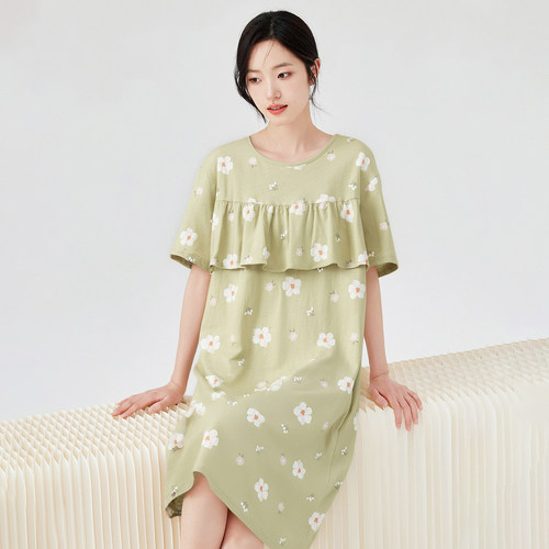 顶瓜瓜睡裙夏季女士纯棉防走光凸点短袖睡衣甜美印花家居裙可外穿