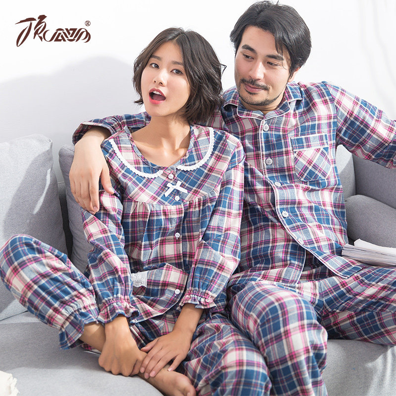 顶呱呱情侣纯棉居家服长袖睡衣女春秋款全棉磨毛秋冬季格子套装男