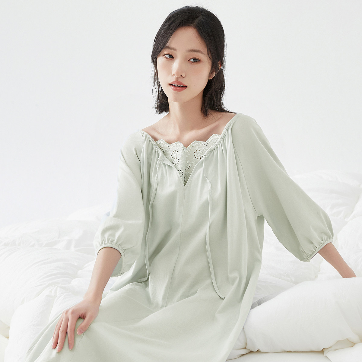 顶瓜瓜女士春夏薄款蕾丝边纯棉显瘦过膝盖中长款七分袖可外穿睡裙