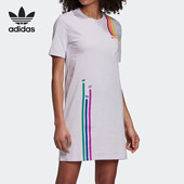 Adidas T恤GJ6588 连衣裙长款 阿迪达斯正品 女子彩虹三条纹logo短袖