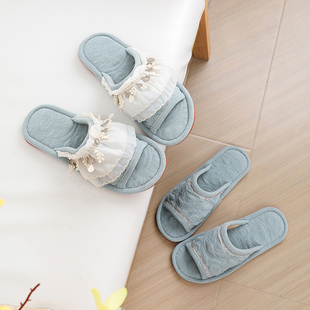 情侣布艺牛筋底拖鞋男女室内家居韩国蕾丝春秋防滑高级感四季仙女