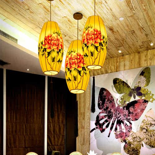 新中式灯笼吊灯 仿古客厅手绘布艺红色阳台复古创意酒店餐厅灯具