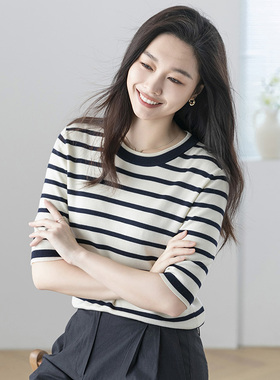 火桐hooton自在舒适 条纹圆领针织短袖