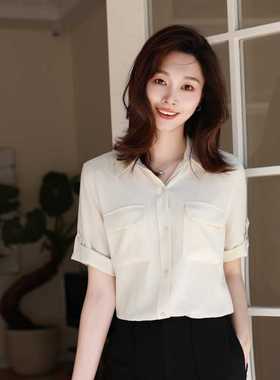 郭晶晶同款白色双袋真丝短袖衬衫S313