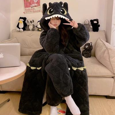 高端珊瑚绒三层夹棉睡衣女冬季加绒加厚浴袍无牙仔连帽睡袍家居服
