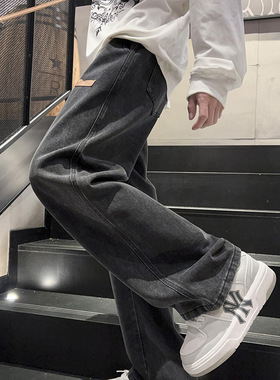 新款男生黑色牛仔裤男冬季加绒直筒宽松青少年长裤大码工装拖地裤