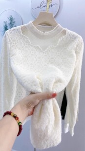 冬立领木耳边蕾丝加绒打底衫女宽松网纱衬衫显瘦遮肉小香风小衫