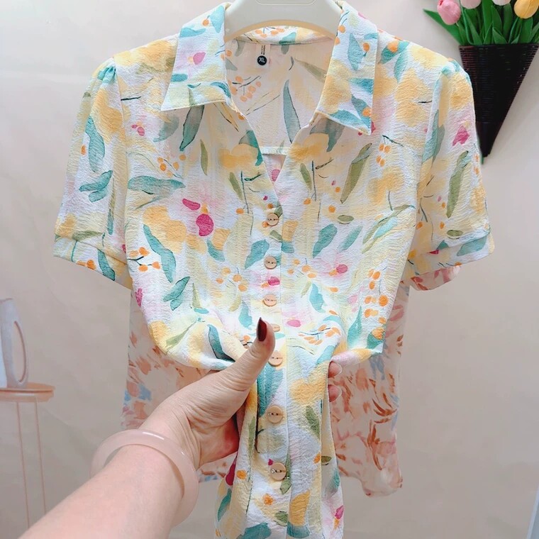 夏新款宽松显瘦短袖碎花衬衫女洋气减龄大码时尚印花衬衣小衫上衣