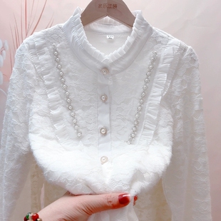 秋冬立领加绒蕾丝打底衫女钉珠宽松衬衫显瘦遮肉加厚女保暖上衣