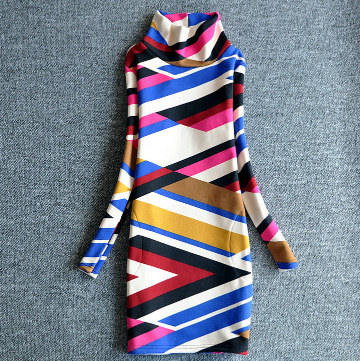 大码中长款撞色高领加绒打底衫