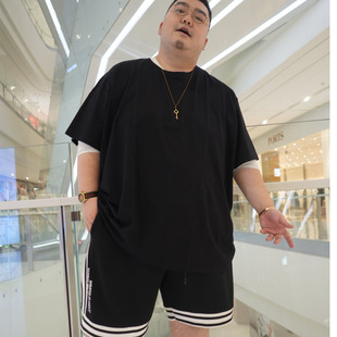 T恤圆领全棉纯黑白色400斤特大肥佬半截衫 夏天300斤胖子大码 短袖