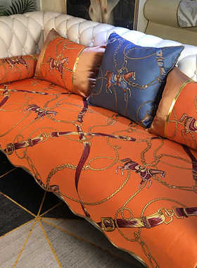 轻奢防滑沙发垫四季通用坐垫橙色现代简约客厅布艺沙发坐套罩定做