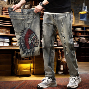 中国风刺绣直筒牛仔裤男复古破洞修身长裤春季高端印弟安人