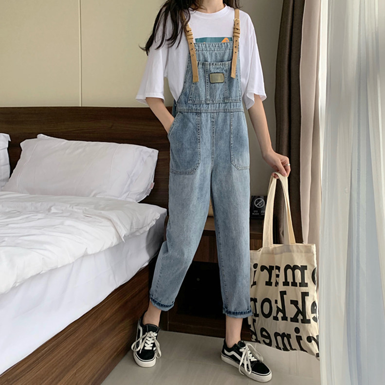 新款 牛仔背带裤女2020青春减龄学院风背带裤九分直筒裤