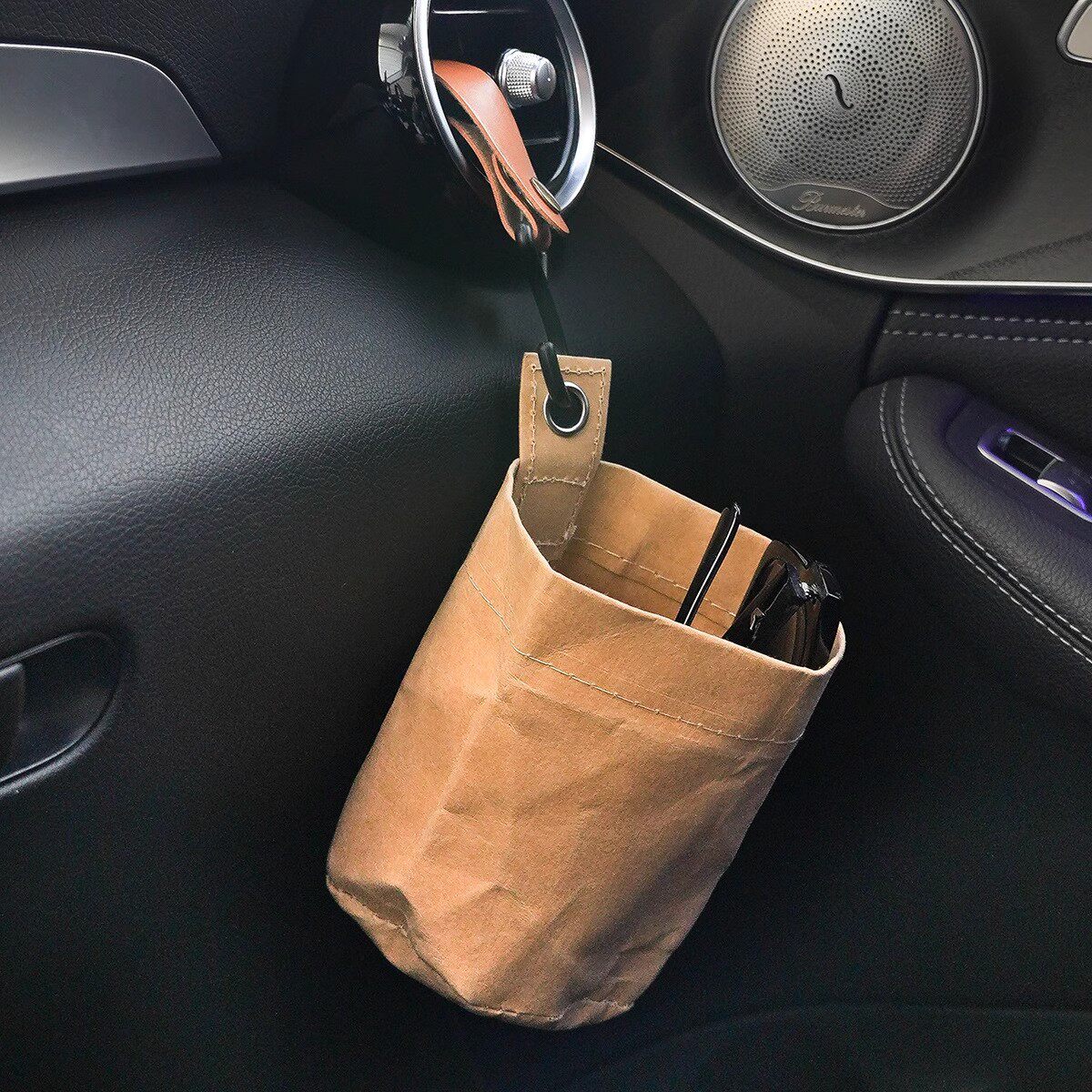 汽车收纳挂袋水杯饮料架空调出风口前后排小型垃圾桶置物牛皮纸桶