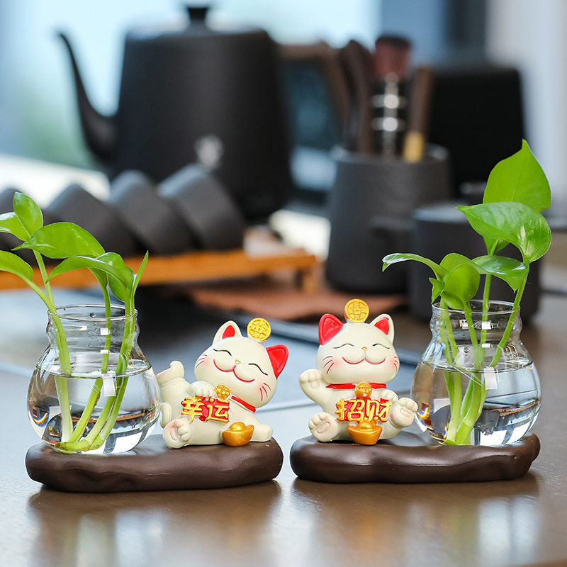 办公桌摆件招财猫装饰品玻璃花瓶办公文化礼品办公室可爱手工