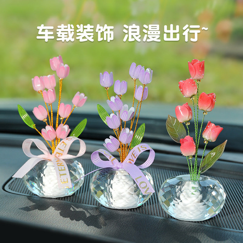 创意水晶花好运莲莲汽车摆件女神玫瑰花中控台家居桌面摆饰
