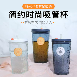创意玻璃吸管杯大容量ins风咖啡果汁奶茶水杯女生高颜值玻璃杯子