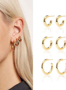 法式高级感错落圆圈素圈925纯银耳环欧美金色简约冷淡风银针耳饰