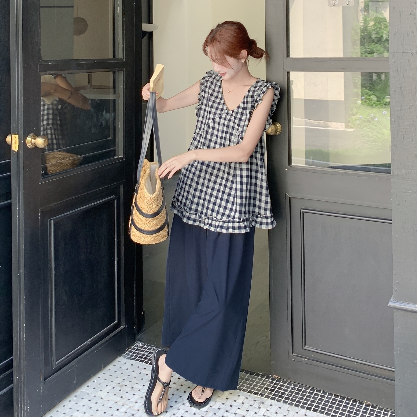【现货】休闲V领飞袖木耳边蓝色格纹套装7132-P155-K218，女装套装/套裙，浙宝189