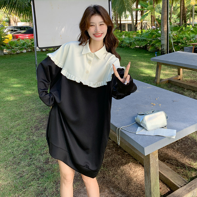韩版针织拼接卫衣连衣裙女2025春秋季新款学院风宽松减龄休闲长裙,女装连衣裙,浙宝189