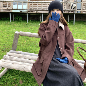 美拉德羊羔毛领收腰毛呢外套女秋冬2025新款爆款流行超火呢大衣图片