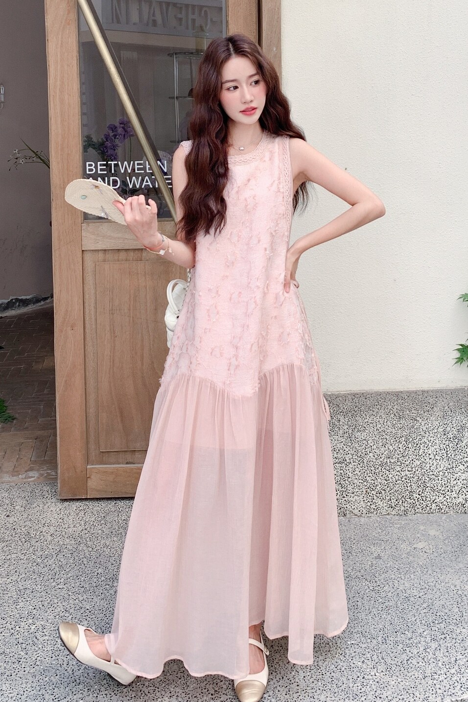 粉色薄纱拼接无袖连衣裙女2025夏季新款法式超仙甜美度假风长裙潮,女装连衣裙,浙宝189