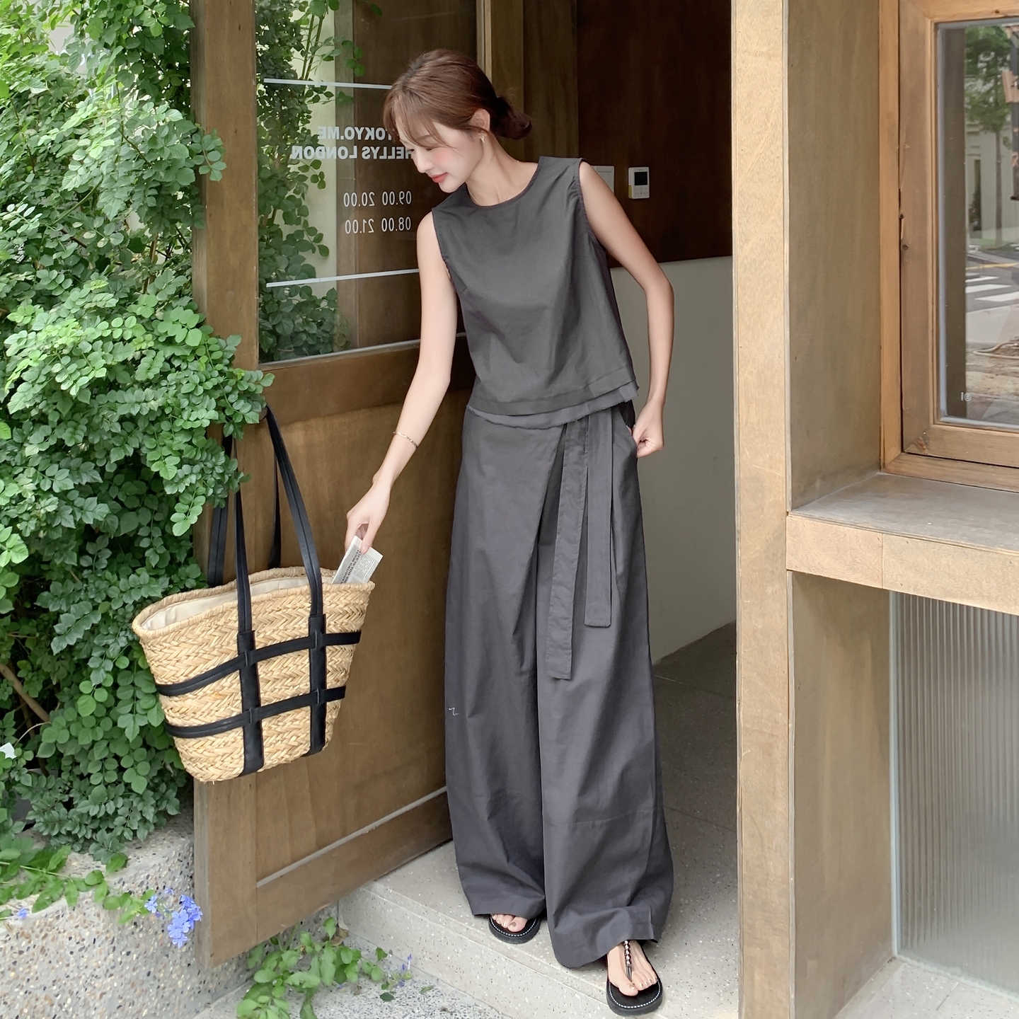 时尚休闲慵懒风百搭淡人两件套2025夏季简约风圆领上衣阔腿裤套装，商品下架区商品下架区，浙宝189