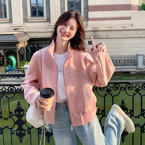 粉色麂皮绒开春外套女款春秋2025新款韩系小个子美式立领夹克上衣图片