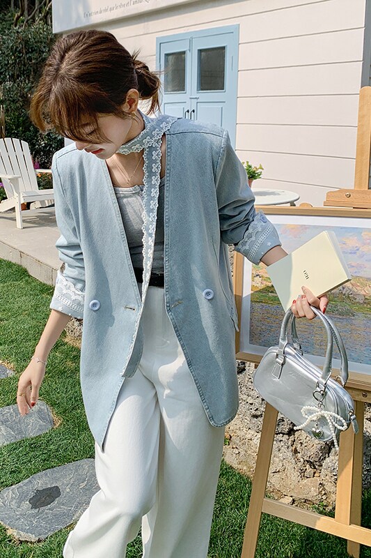 【现货】蕾丝拼接牛仔休闲西服外套795-P165-K228,女装西装,浙宝189