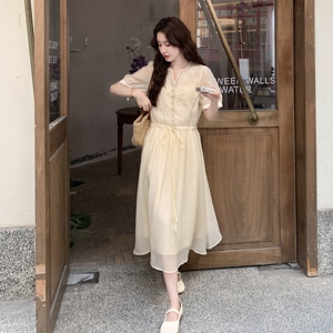 法式优雅刺绣衬衫连衣裙女2025年夏季新款高级感气质收腰显瘦长裙图片