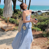 法式蓝格吊带上衣半身裙两件套女2025夏新款高级感气质半身裙套装，商品下架区，浙宝189