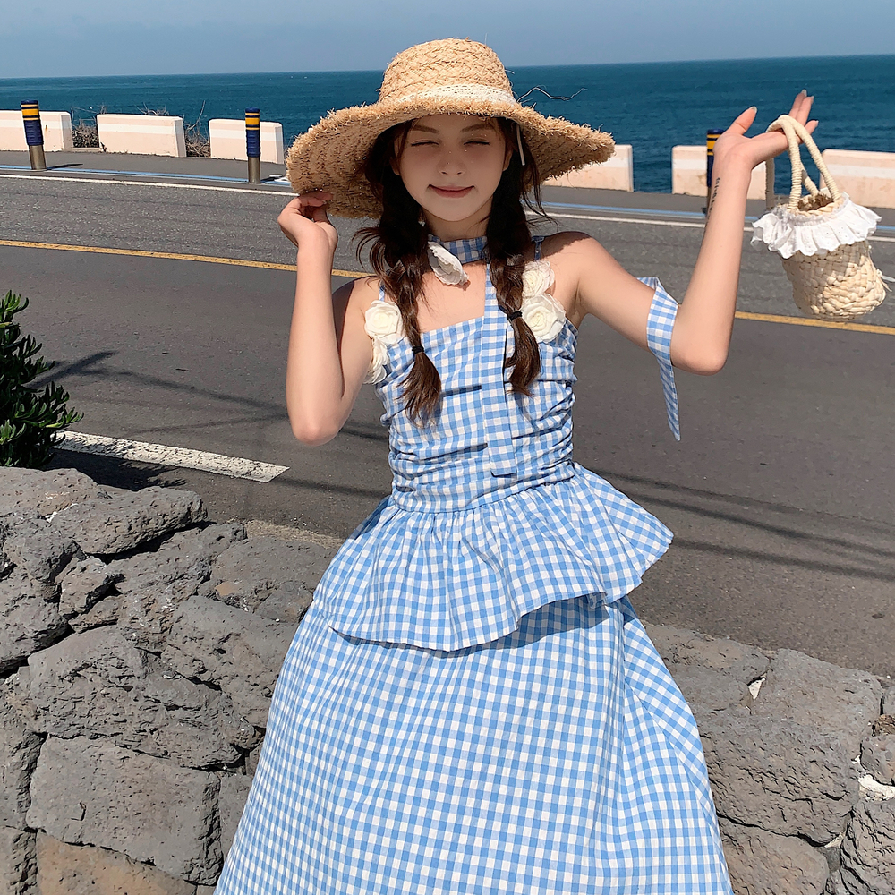 法式蓝格吊带上衣半身裙两件套女2025夏新款高级感气质半身裙套装，商品下架区商品下架区，浙宝189