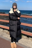 黑白色韩版时尚过膝长款羽绒服女2025年冬季新款白鸭绒拼色面包服，女装羽绒服，浙宝189