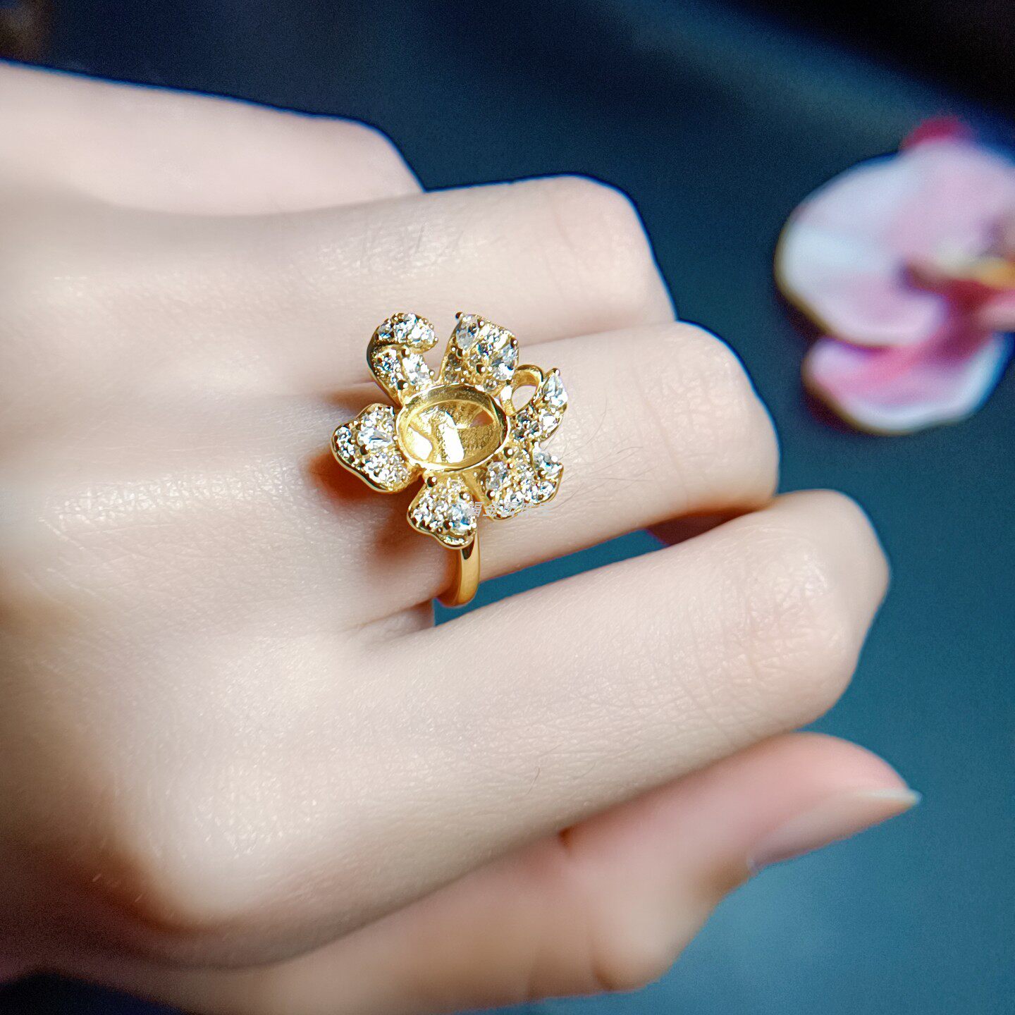 大花朵S925银戒指 空托椭圆形6*8mm 镀18K白金黄金色 女生