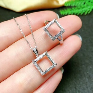 大气S925银正方形套装方4/5/6/7/8/9/10MM 戒指 吊坠 白银玫瑰银