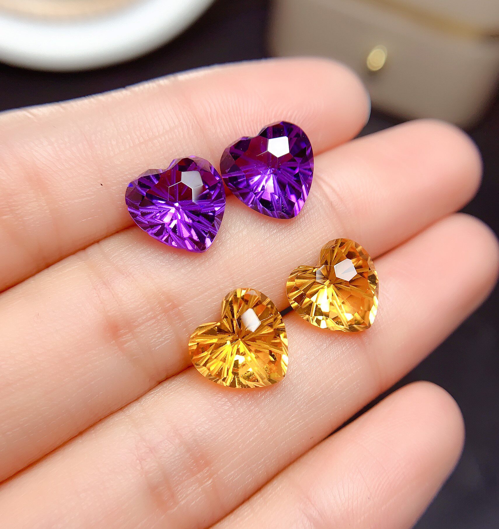 烟花切工 黄水晶 心形10mm 裸石戒面 代加工首饰