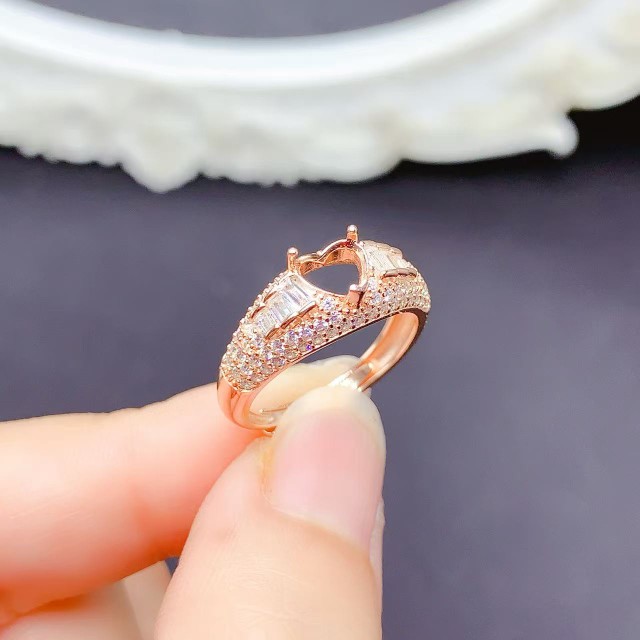 S925银戒指空托 心形6*6mm镀18K白金玫瑰金黄金色 女 镶嵌