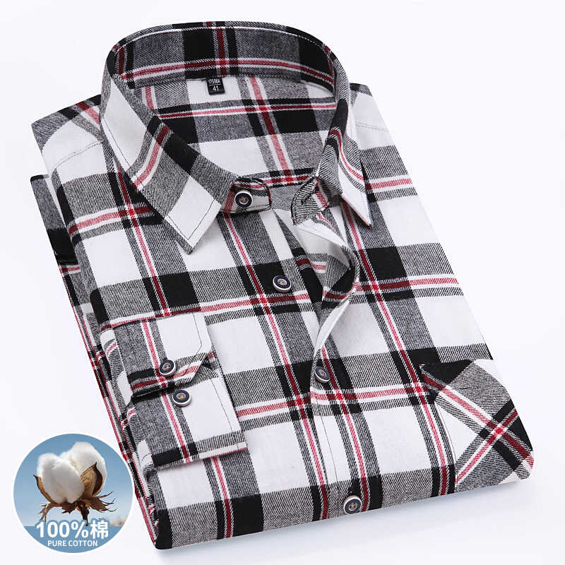 休闲大码全棉格子春秋中青年寸衫