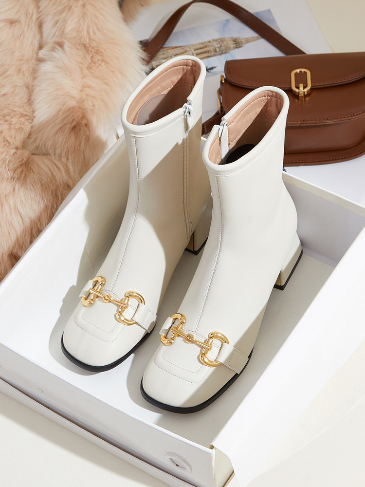 POLITE WHITE LEATHER BLOCK HEEL BOOTS WOMENS AUTUMN WINTER 2024 NEW SQUARE TOE MID-HEEL HORSEBIT VERSATILE SKINNY BOOTS