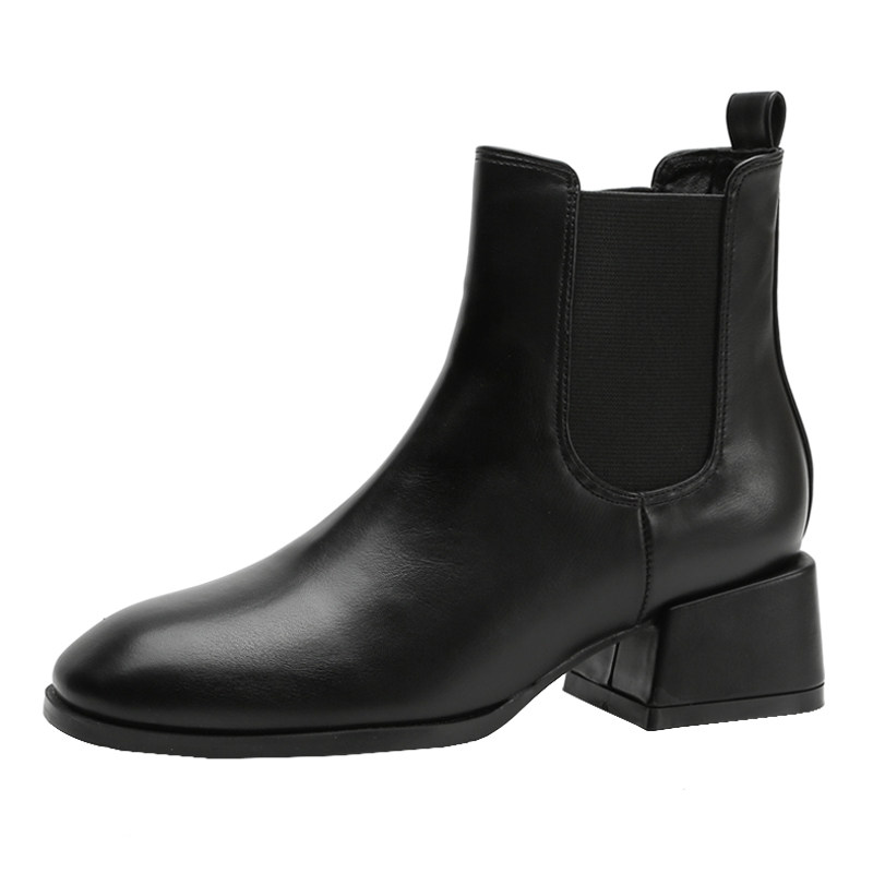 BRITISH STYLE CHELSEA BOOTS WOMENS BLOCK HEEL ANKLE BOOTS FALL-WINTER 2024 NEW ROUND TOE MID-HEEL NUDE BOOTS VERSATILE BOOTS