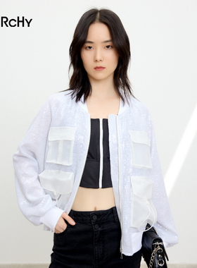 LARCHY来尔佳昵2024秋装棒球领珠片外套