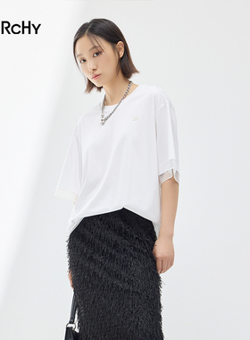 LARCHY来尔佳昵2025春装圆领拼纱T恤