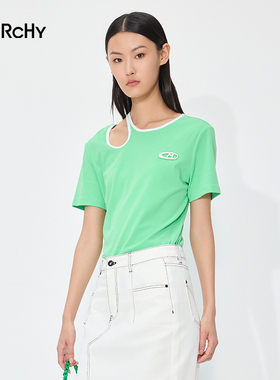 LARCHY来尔佳昵2025夏装圆领露肩T恤
