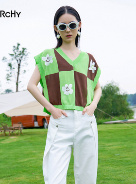 LARCHY来尔佳昵2024夏装V领格子毛织背心